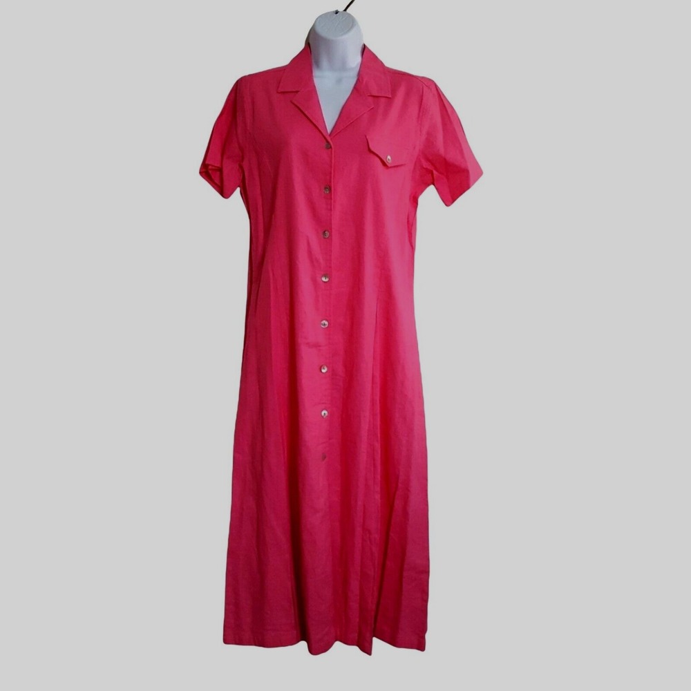 Jane Ashley Womens Dress L Vintage 90s Pink Linen Blend Button Front Midi
